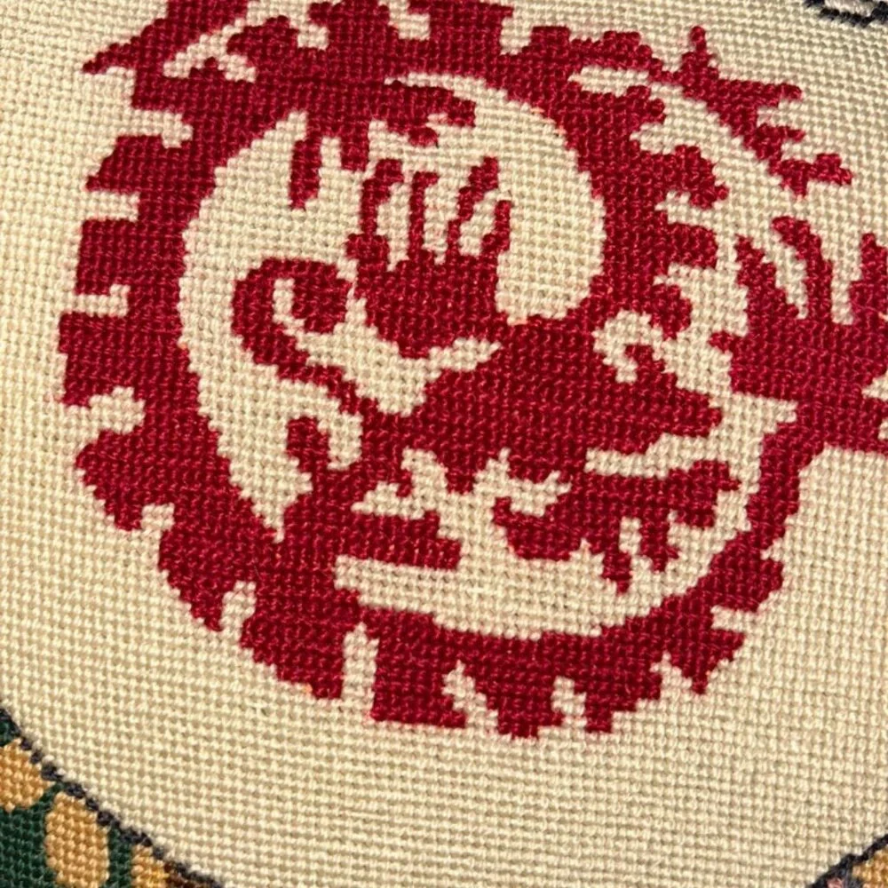 Antique NEEDLEPOINT crest abstract rich colors camel kahki velvet CIRCLE PILLOW